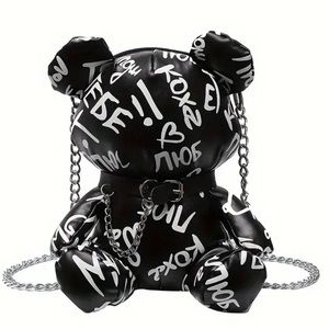 Teddy Bear Faux Leather Plush Graffiti Shoulder Bag Black and White Purse NEW